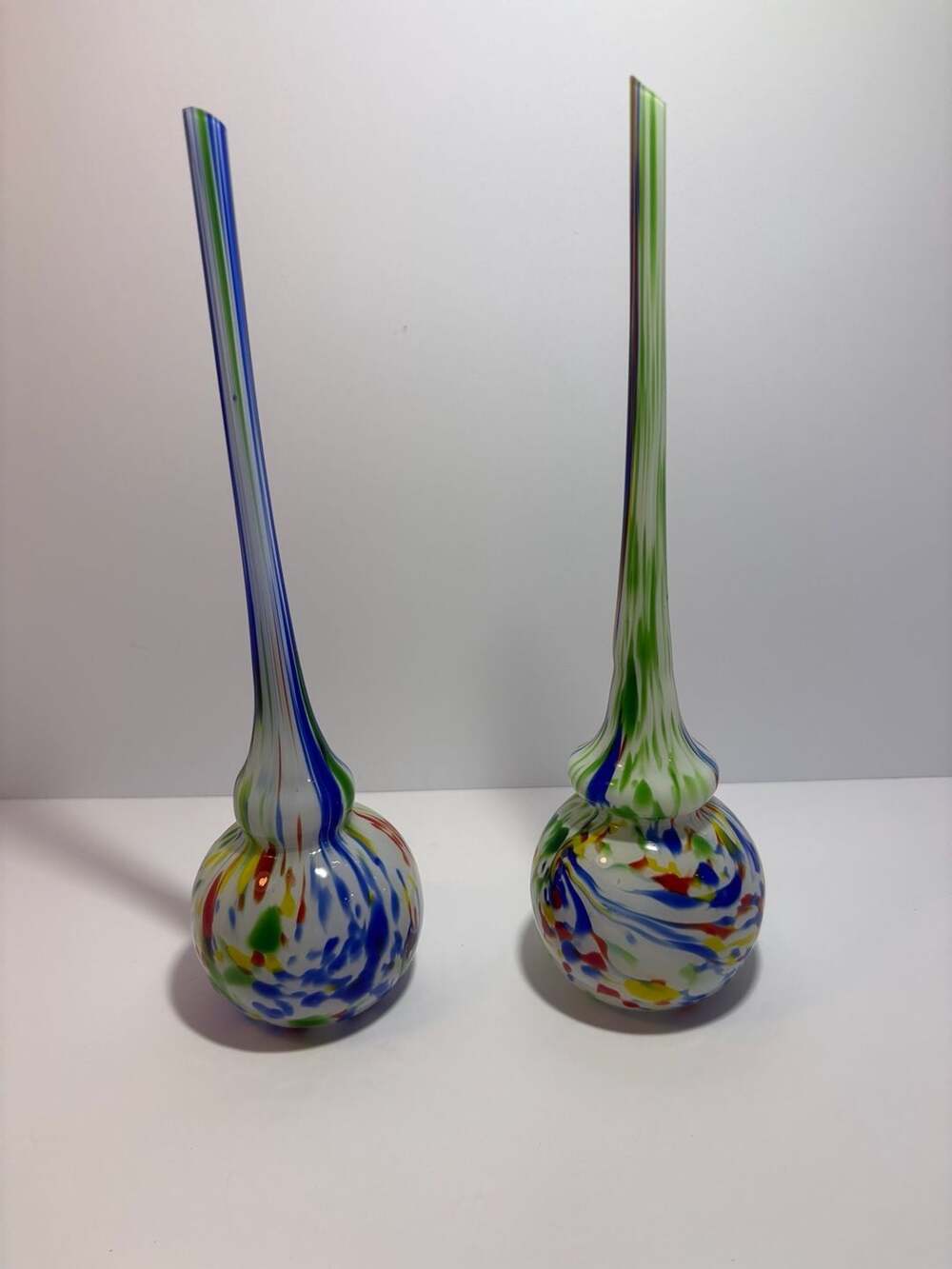 Vintage Hand Blown Glass Long Neck Bulb Vases Multi Color Confetti Ribbon Pair